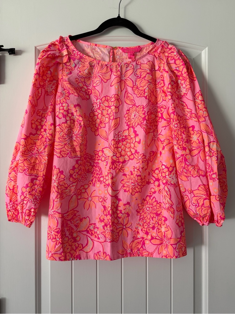 NWT Lilly Pulitzer Pink and Orange Floral Barbara Puff 3/4 Sleeve Blouse size L